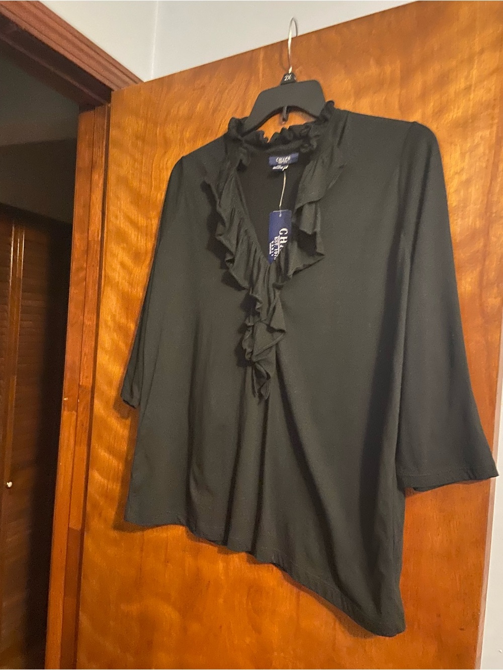 Chaps Black Ruffle V-Neck Blouse navy 1X